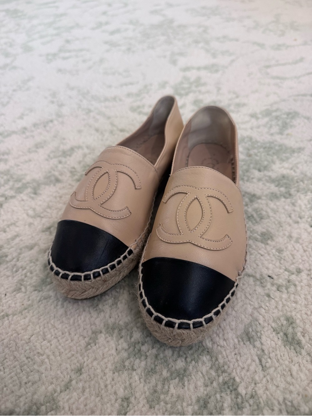 CHANEL Beige Leather Espadrilles with Black Cap Toe